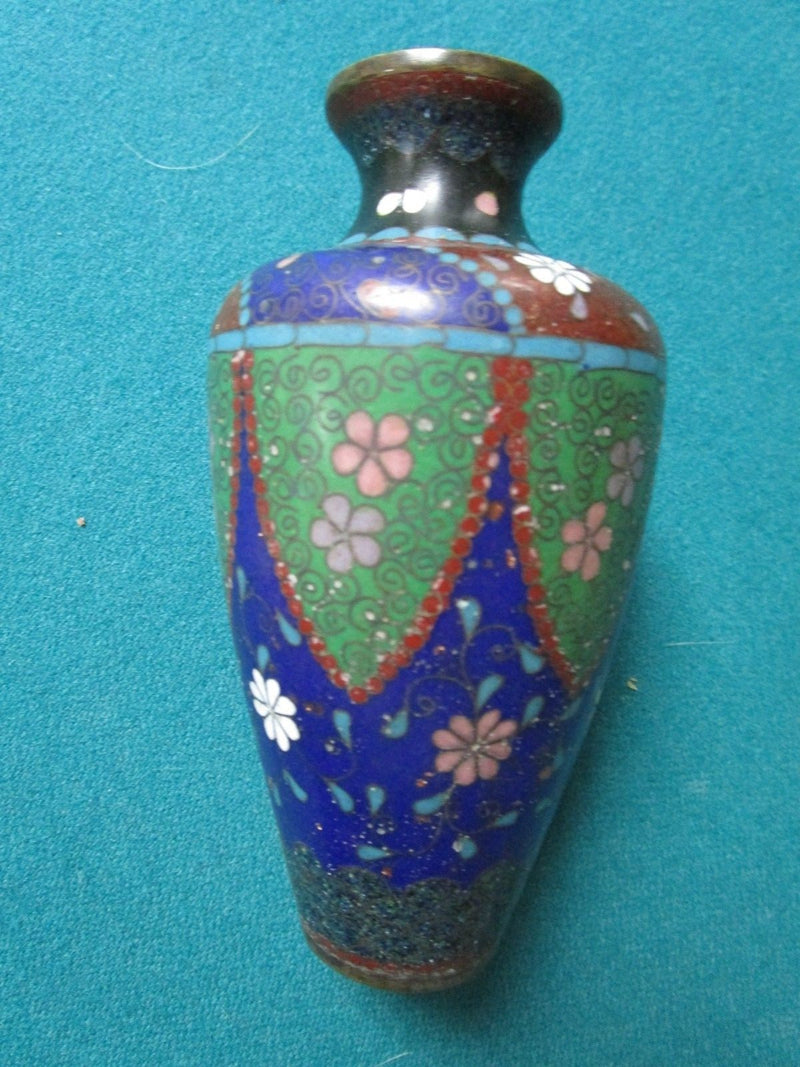CHINESE ANTIQUE CLOISONNE VASE BLUE/GREEN WHITE FLOWERS 5"