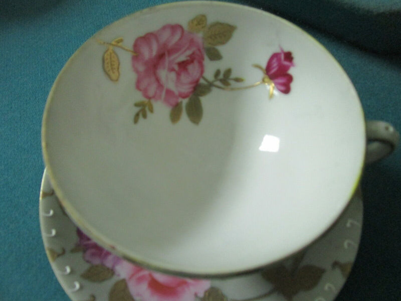 BISQUE FOOTED FLORAL CUP AND SAUCER MADE IN JAPAN HAND PAINTED [170C]