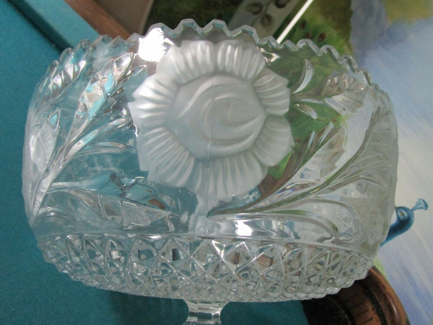 VINTAGE AMERICAN BRILLIANT FLOWER PERIOD FOOTED BOWL CUT GLASS FROSTED [TOP4]