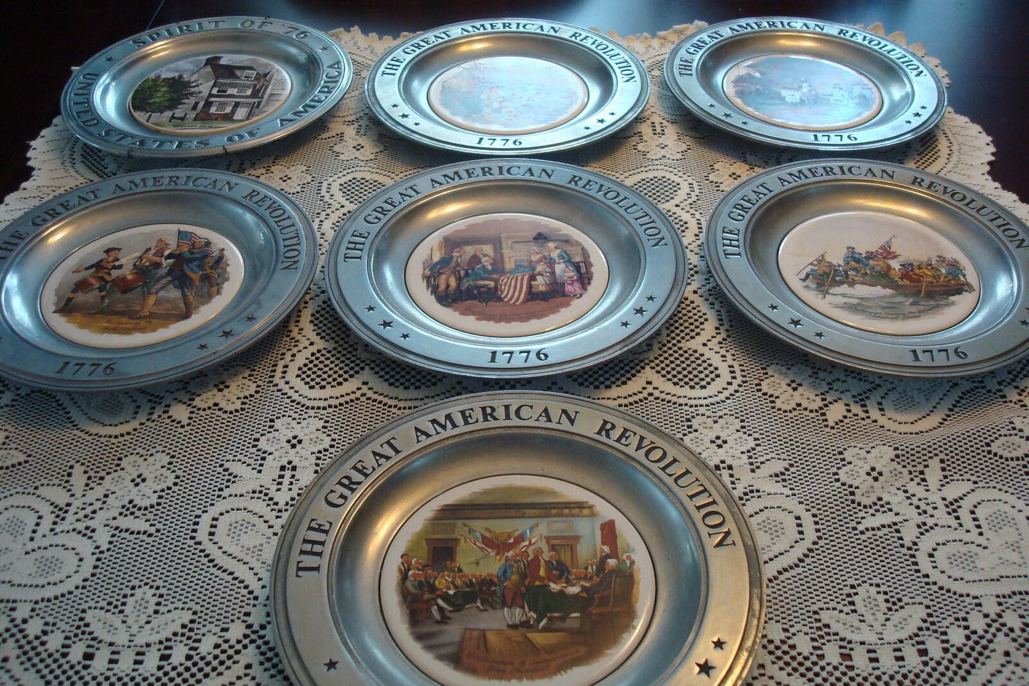 The Great American Revolution 6 PEWTER CERAMIC CENTER PLATES CANTON OH