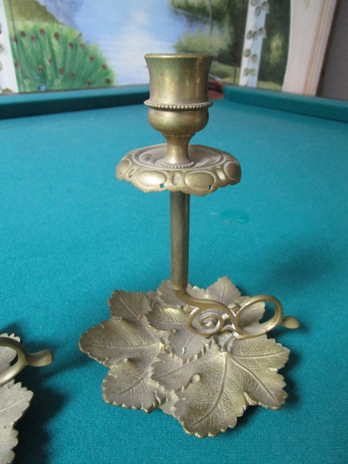 ANTIQUE BRASS PAIR CANDLE HOLDERS WITH HANDLE ORIGINAL