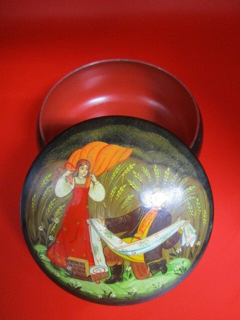 Metal Cloisonne  Russian Trinket Jewelry Box Round Hand Painted 2 3/4 X 5"