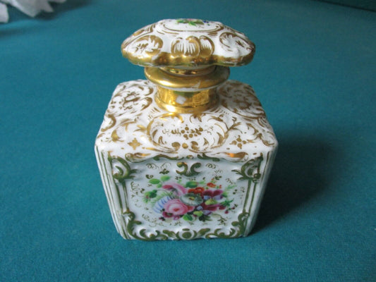 VICTORIAN PERFUME BOTTLE GOLD AND FLOWERS 5 X 3 1/2 X 3" GORGEOUS [*a4PERF]