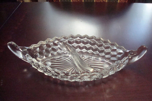 American WHITEHALL CUBIST Pattern glass relish oval tray two handles [GL-13]