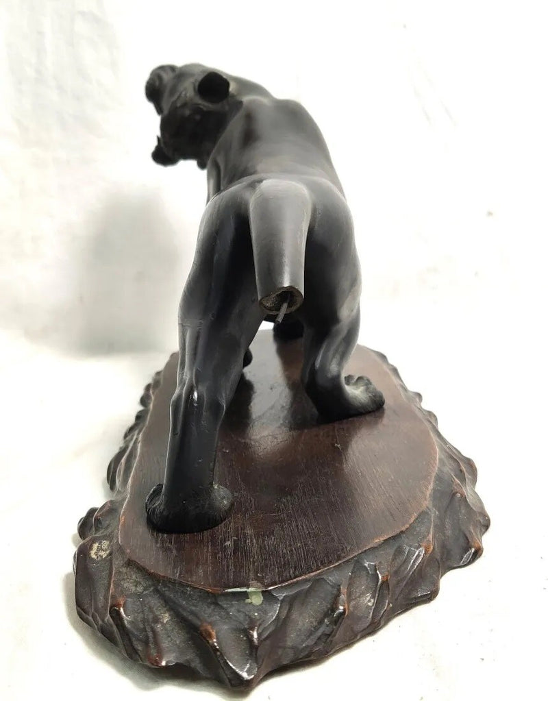 Japanese Meji Period Bronze Striped Tiger OKIMONO Sculpture Wooden Base SIGNED ^