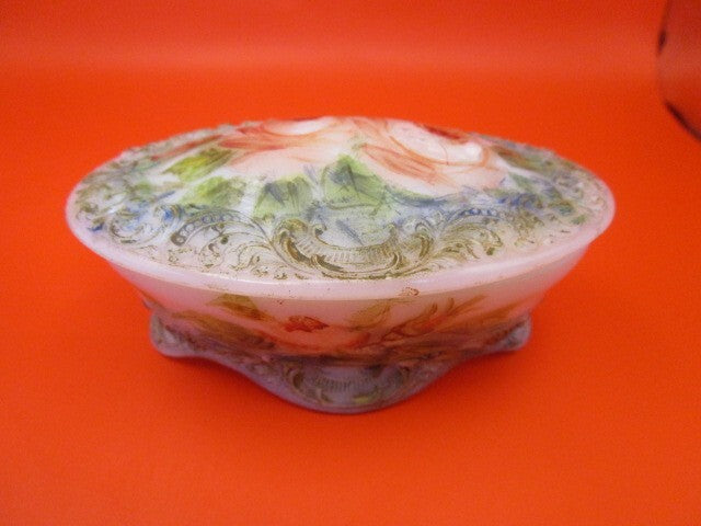 Antique Victorian Milk Glass Floral Oval Trinket Jewelry Box 2 X 4"