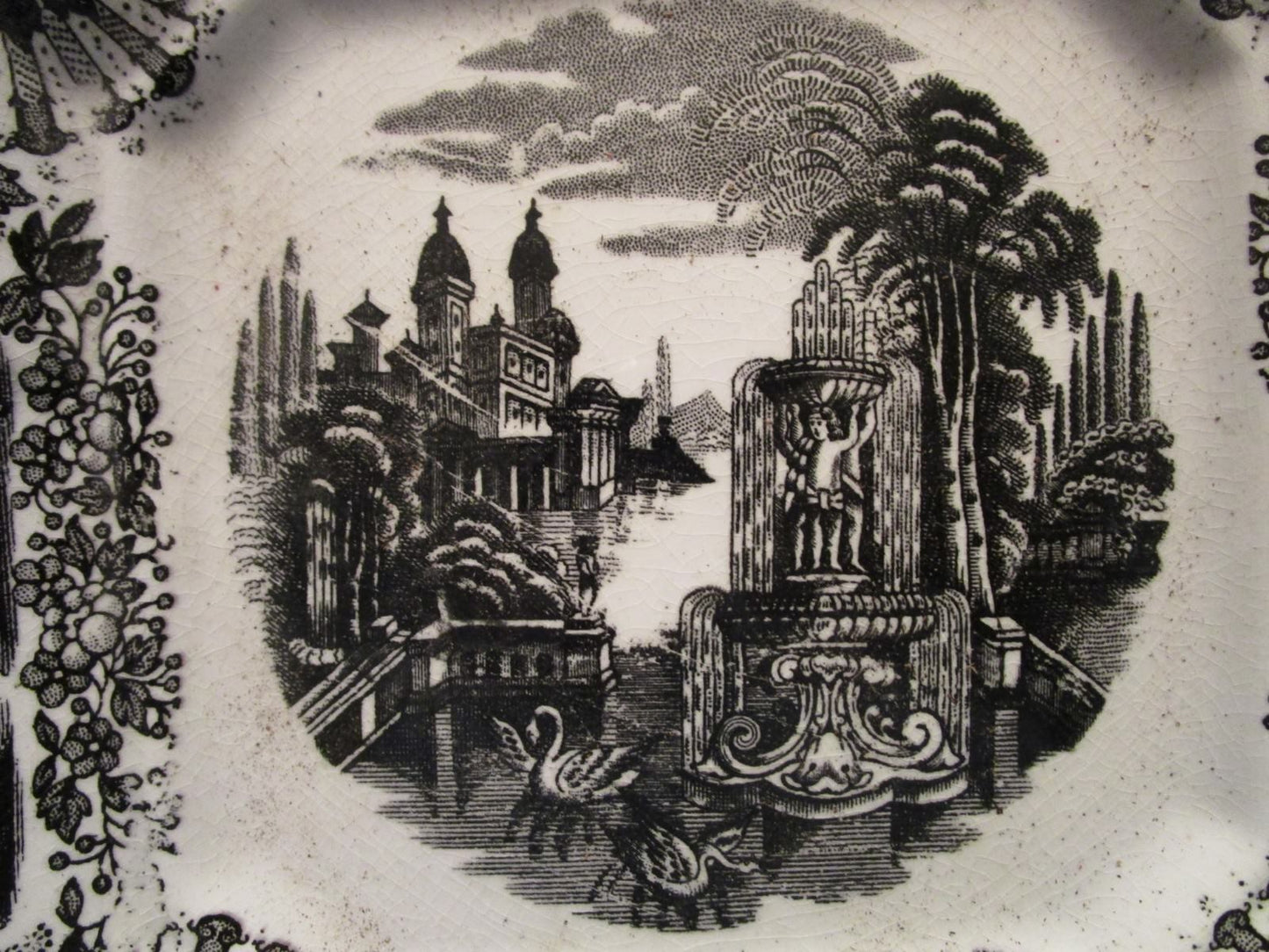 ANTIQUE 1800s PICKMAN LA CARTUJA POTTERY VISTAS SPAIN BLACK TRANSFERWARE TRAY