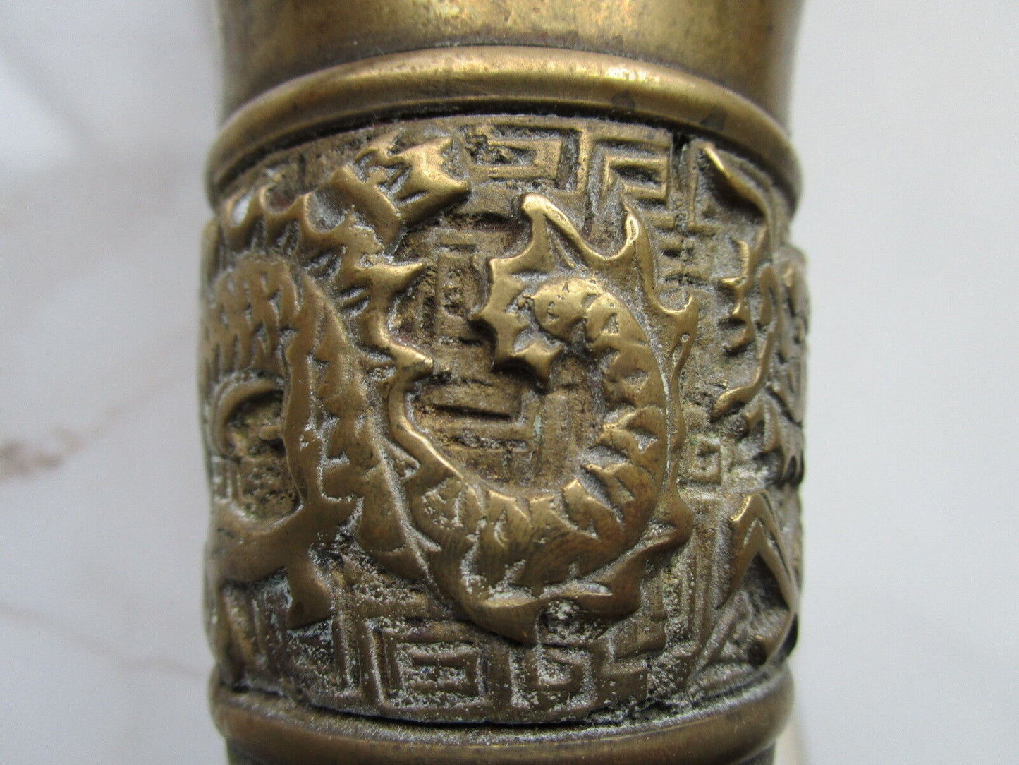 Antique Bronze standing pillar candle holder, made in China, dragon engravings