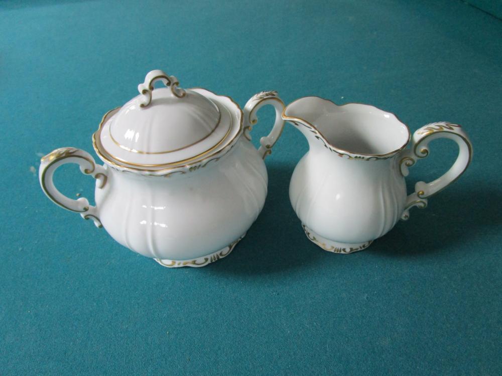 ZSOLNAY HUNGARY 2 PCS TEA SET  WHITE CREAM/GOLD ACCENT, 1960s