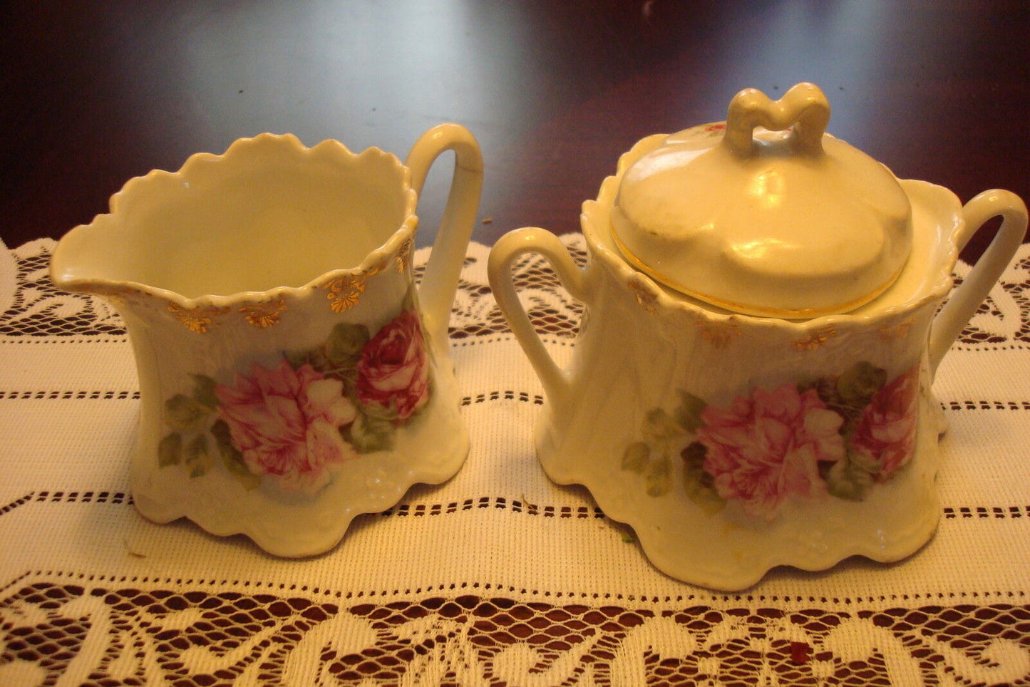 Unmarked german tea set two pieces, covered sugar and creamer, possibly RS Pruss