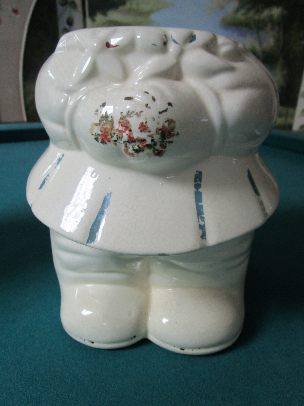 VINTAGE AMERICAN BISQUE TURNABOUT BEAR COOKIE JAR TWO SIDED BOY&GIRL,12" tall