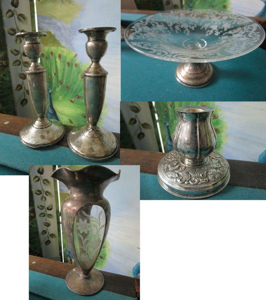 STERLING CANDLESTICK VASE CRYSTAL SILVER BASE BOWL SHEFFIELD PICK 1