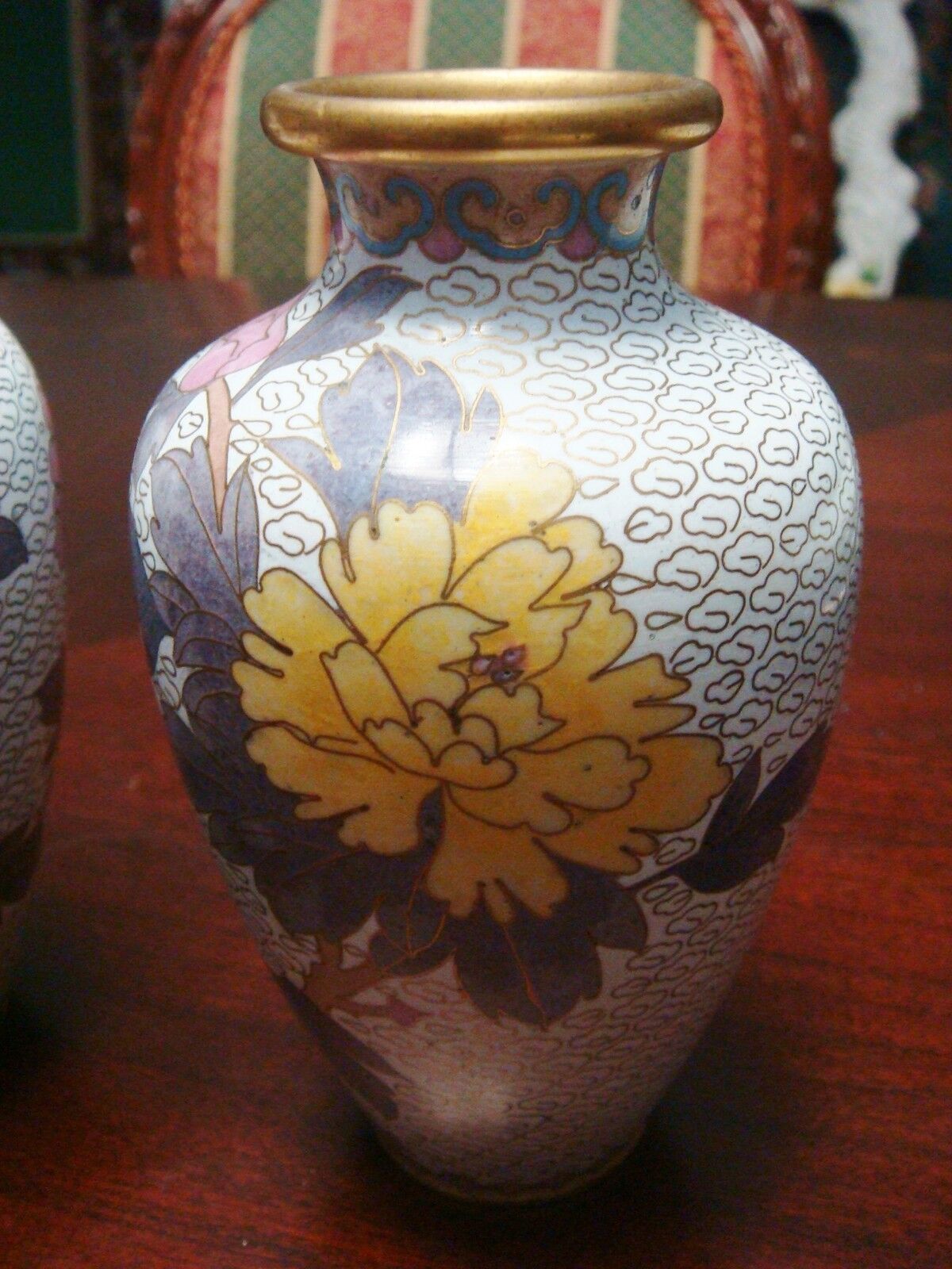 Vintage pair of Chinese Cloisonne vases pink and yellow Chrysanthemus  flowers