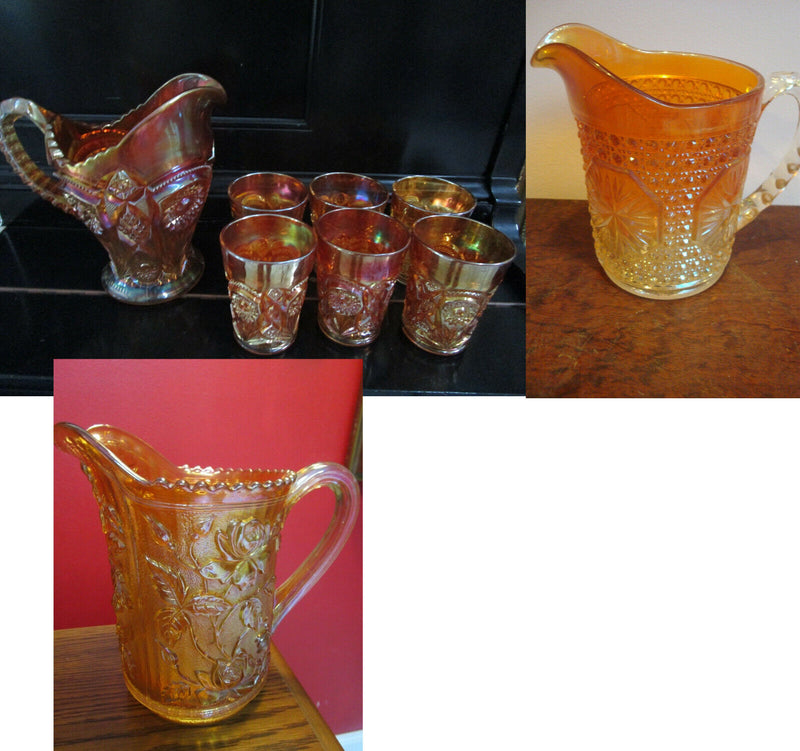 MARIGOLD IMPERIAL CARNIVAL GLASS PITCHER AND 6 TUMBLERS PICK 1