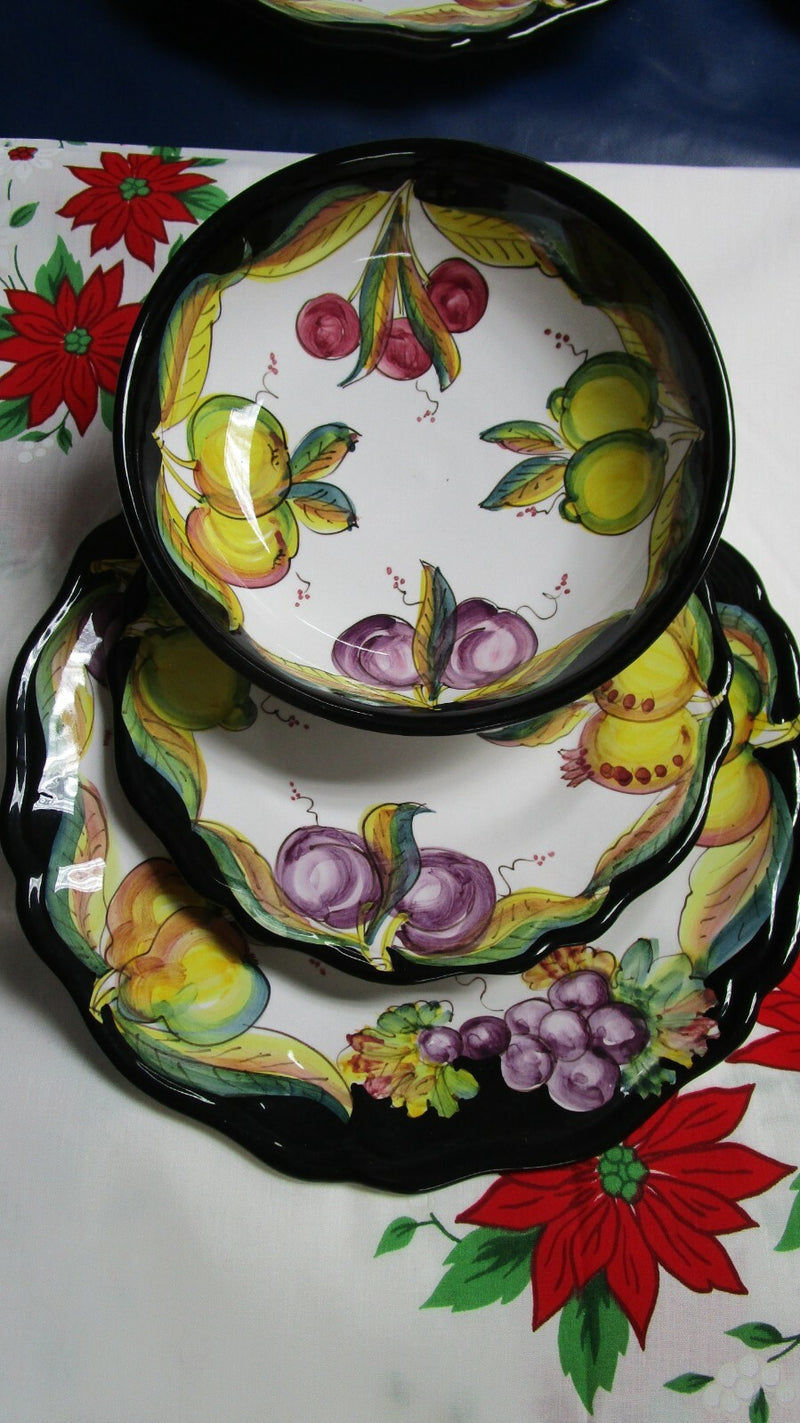 DERUTA ITALY DIP A MANO CERAMIC BOWL PLATES CUP SAUCER FRUITS BLACK RIM PICK 1