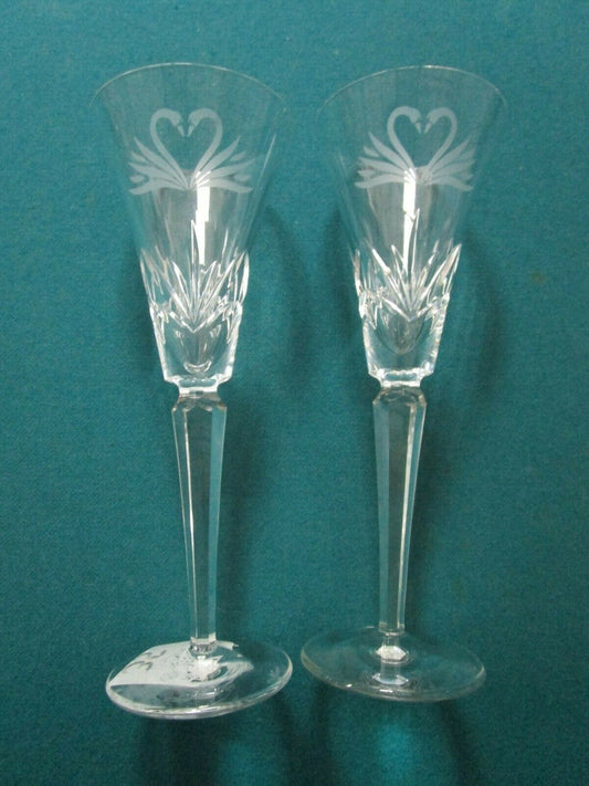 WATERFORD CRYSTAL PAIR CHAMPAGNE GOBLETS SWANS HEART ETCH