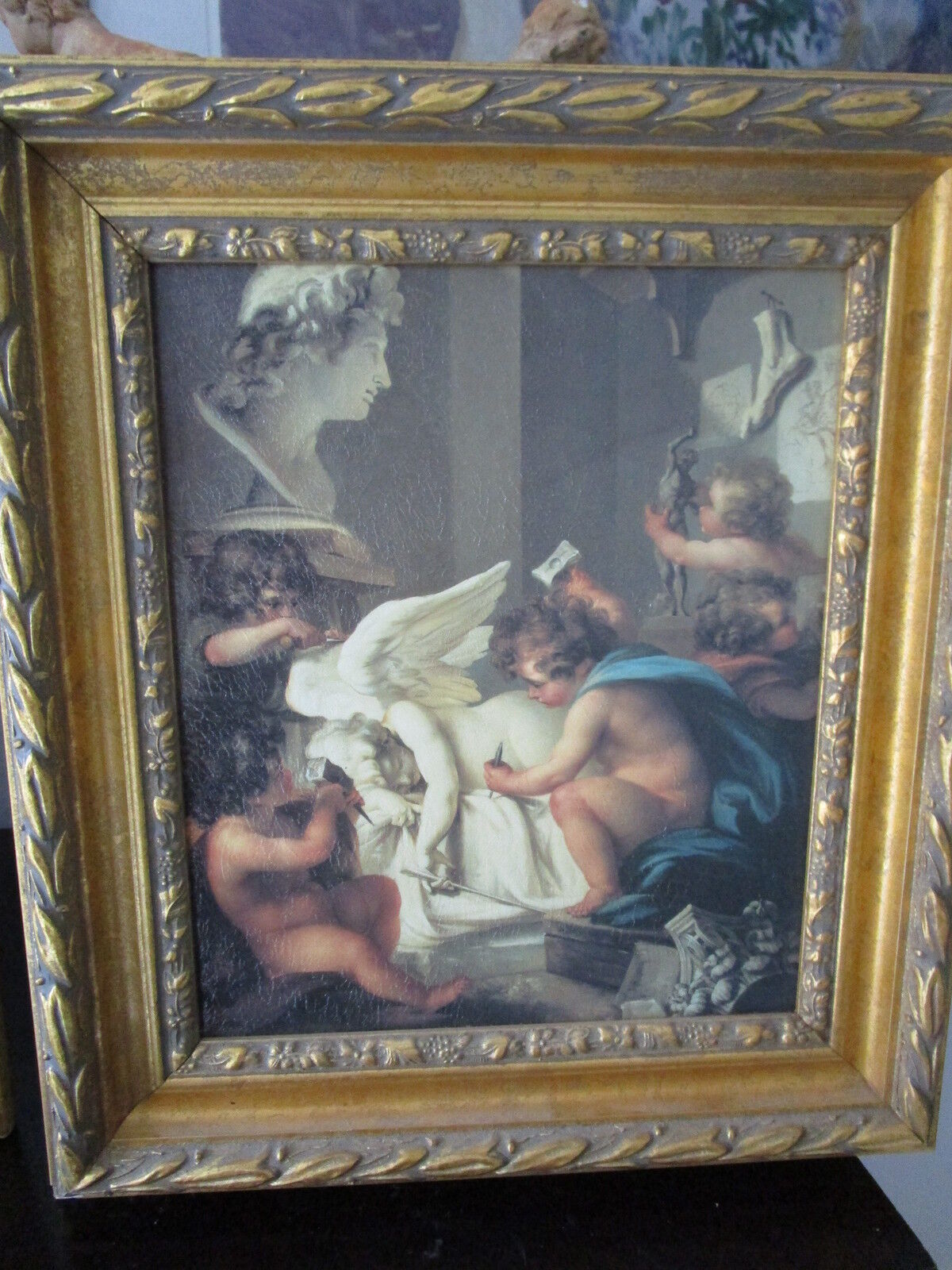 Victorian prints on canvas with relief, angels in attelier, beautiful framing