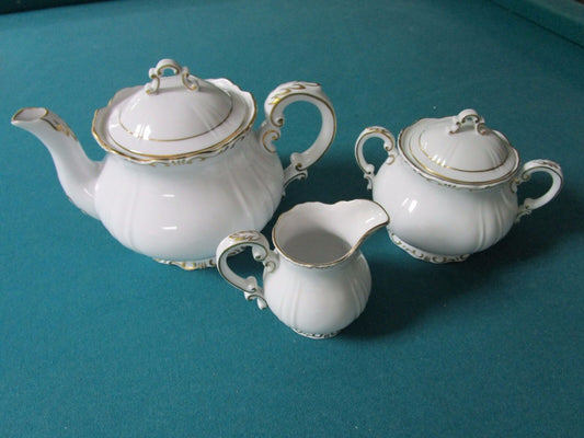 ZSOLNAY HUNGARY 3 PCS TEA SET  WHITE CREAM/GOLD ACCENT, 1960s