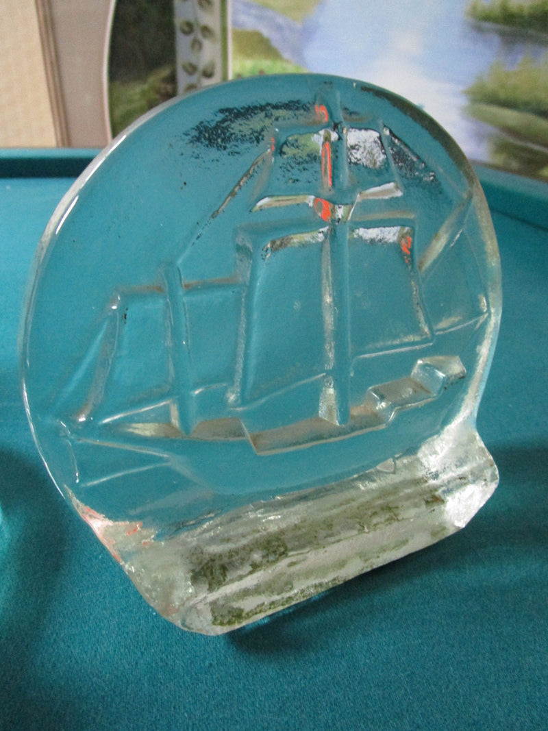 Blenko Sailing Ship Glass Bookends Mid Century - A Pair 6 X 6" ORIG [GL8]