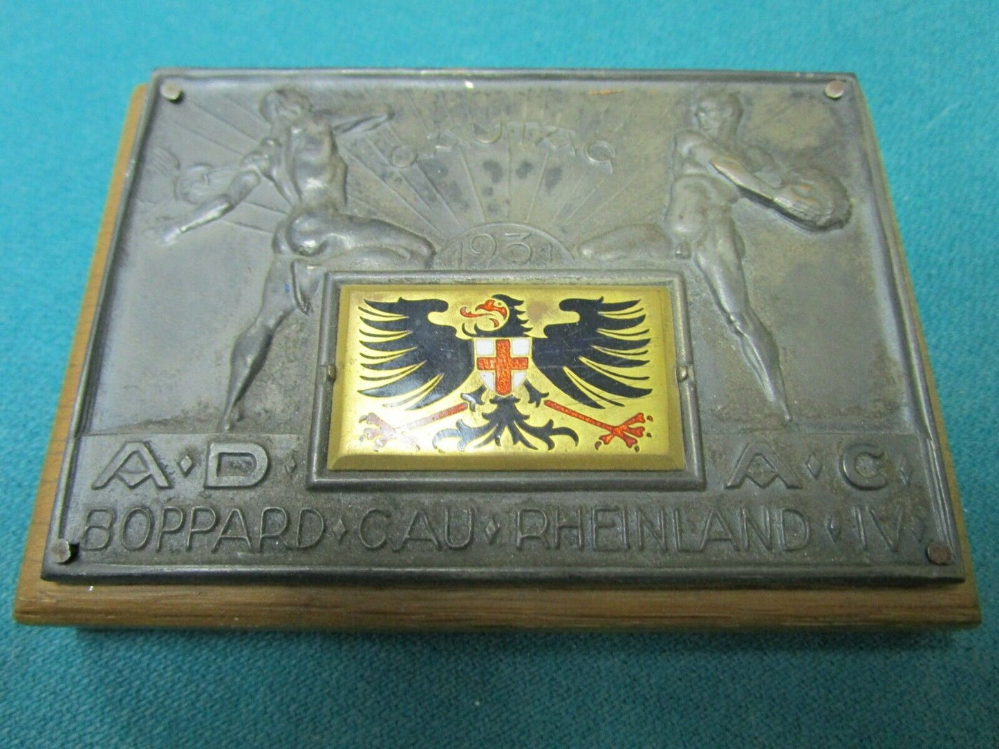 1931 GAUTAG BOPPARD GAURHEINLAND PLAQUE MOUNTED IN WOOD 4 1/2 X 3 1/4"