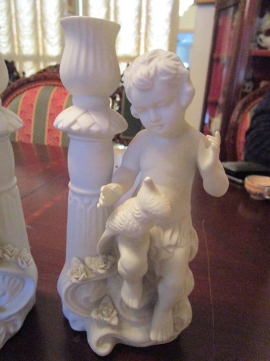 Parian Bisque Figurine Pair Of Angels Cherubs With Bird Candle Holders 9"