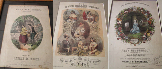ORIGINAL SHEET COVER MUSIC 1850s FRAMED KISS ME DEAR - BELLES POLKA- BLIND GIRL.