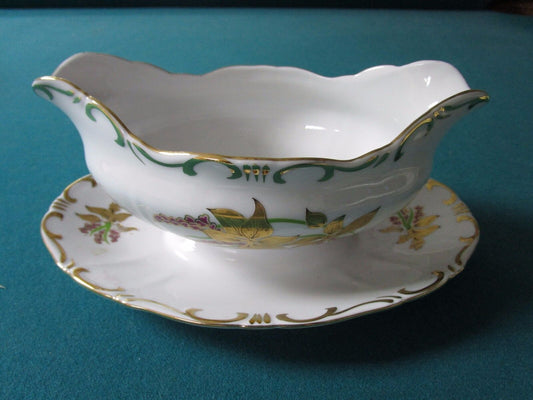 Zsolnay Hungary Gravy Boat Attached Underplate Golden Iris 1940s [58]