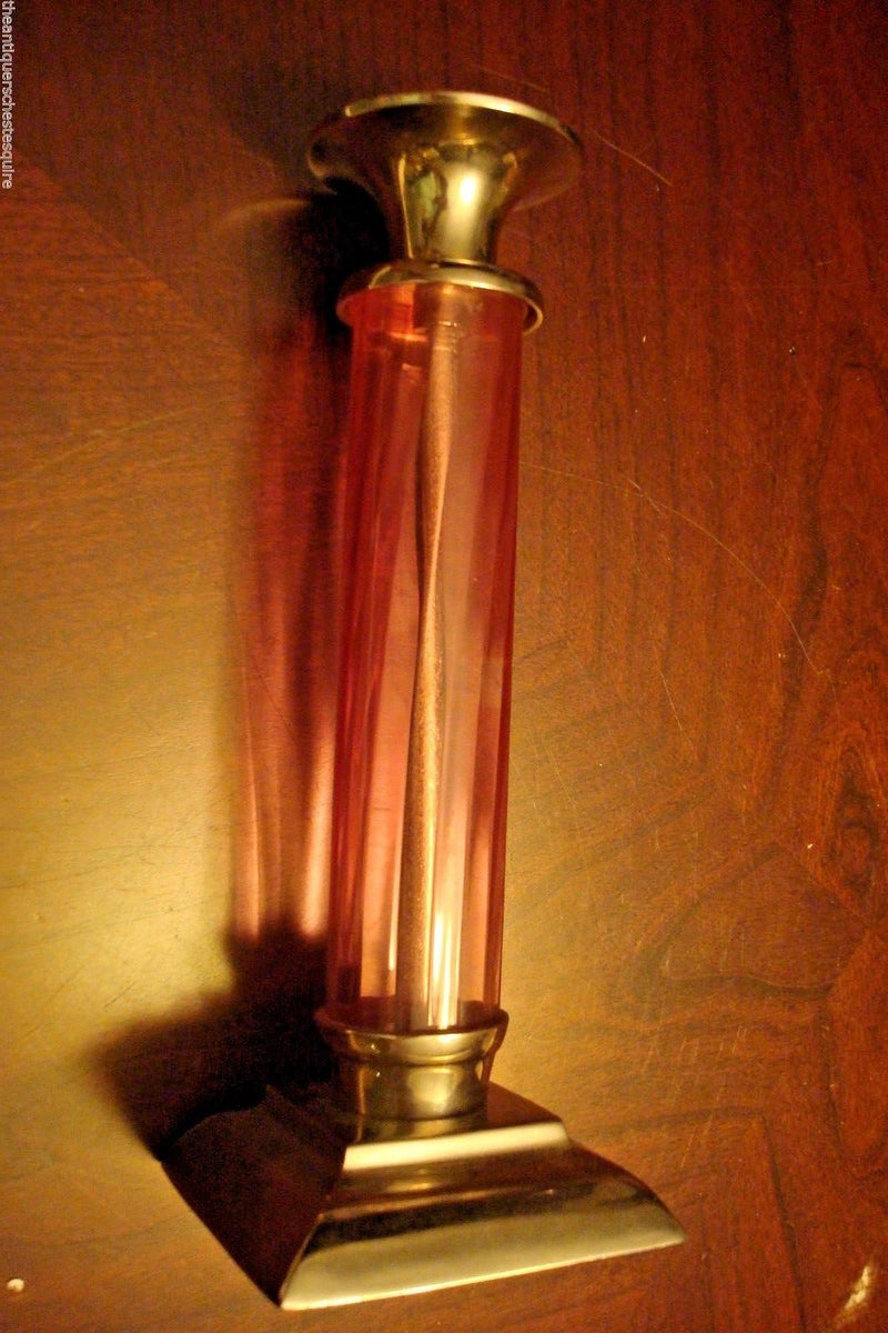 Candleholder TOWER  pink GLASS and silverplate, round body, 9 1/2" ORIGINAL