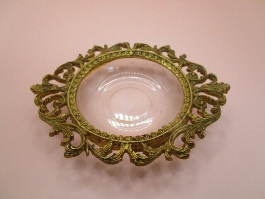 VICTORIAN ORMULU JEWELRY DISH BRASS GLASS 4 1/2"