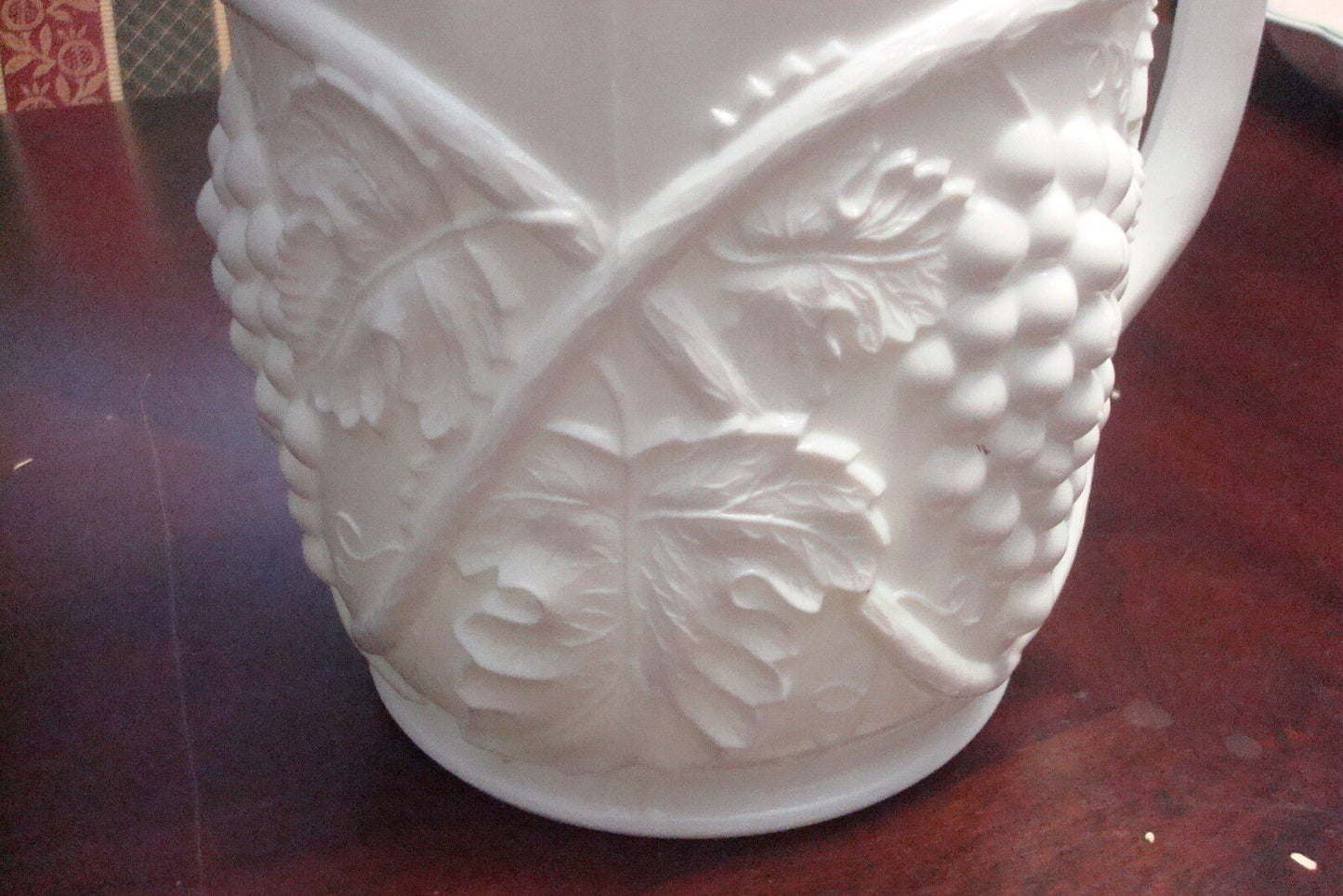 Vintage Duncan and Miller Glass Grape Pattern Milk Glass 7" pitcher  [MILKGL2]