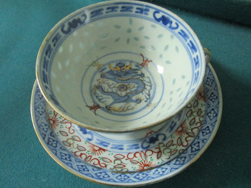 ANTIQUE JAPANESE CUP SAUCER DRAGONS AND RICE GRAIN [83]
