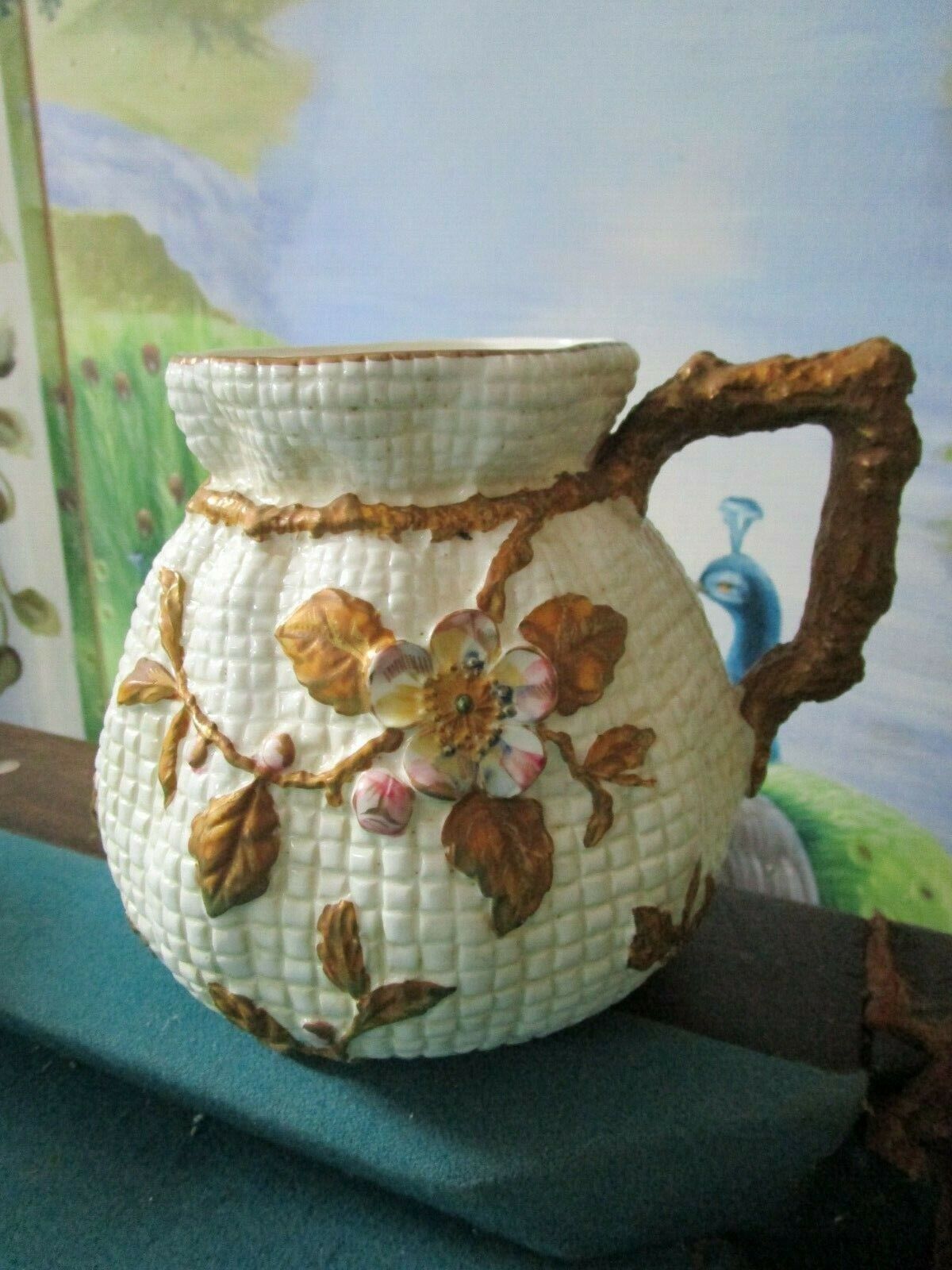 1850s STAFFORDSHIRE JAR PITCHER CLAY WARE FLOWERS RIBBON DIAMOND MARK