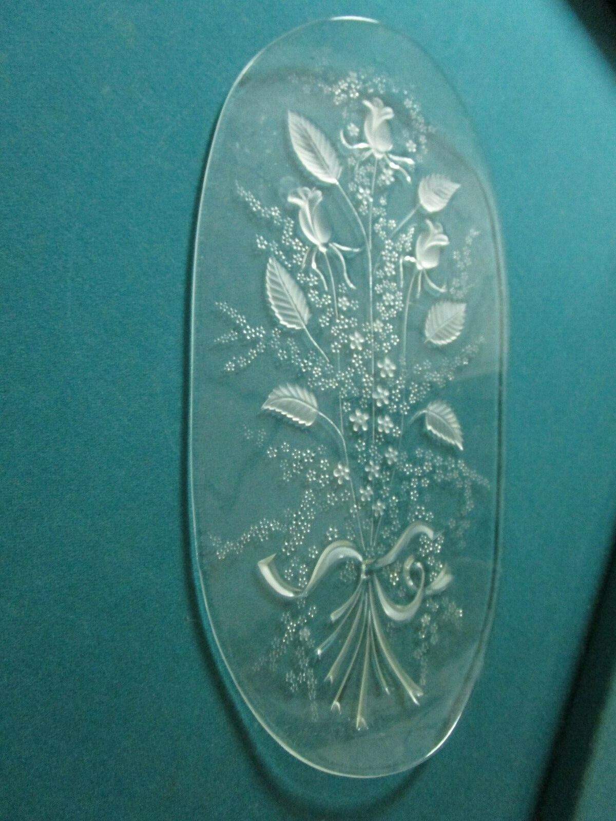 VICTORIAN GLASS TRAY ETCH RIBBONS AND FLOWERS 16" X 8"