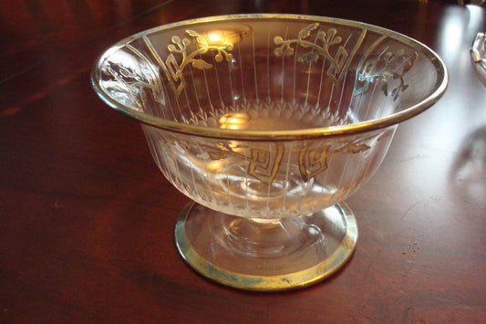 Vintage ROCKWELL Glass Crystal Footed Bowl Sterling Overlay, 3 1/4" [130L]