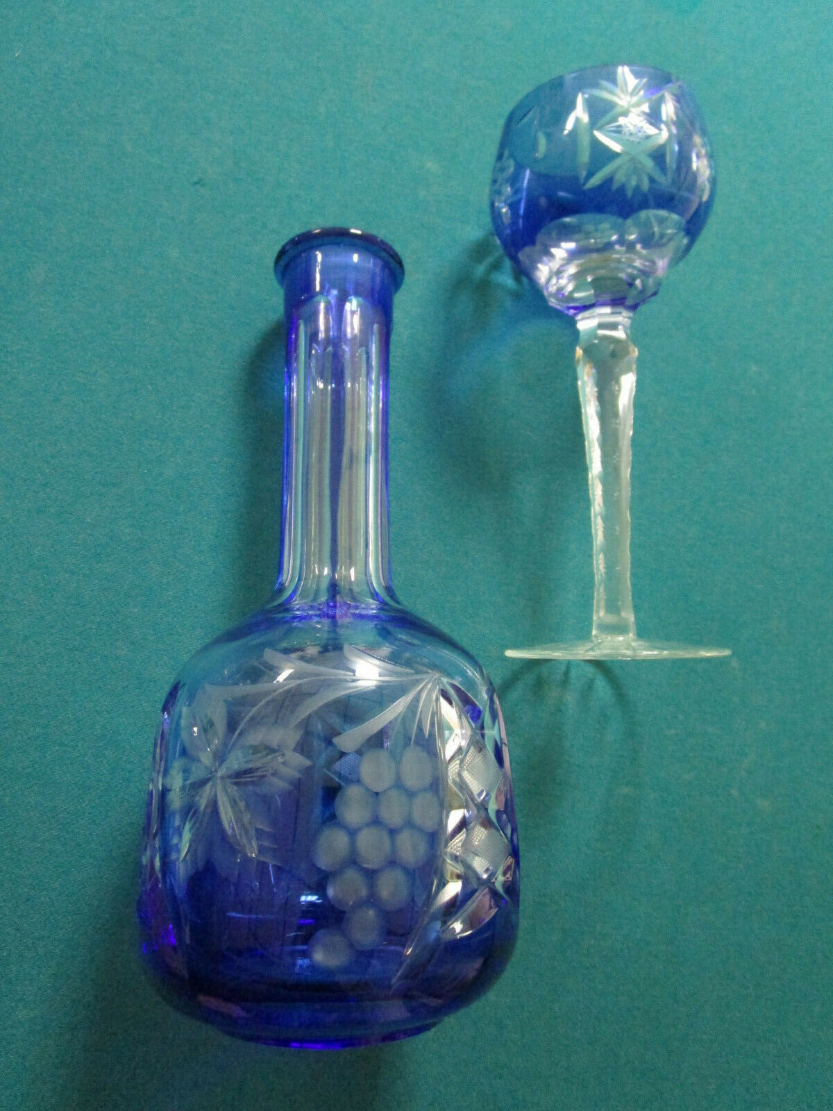 AJKA MARSALA BOHEMIA BLUE CRYSTAL CUT TO CLEAR DECANTER WITH GOBLET