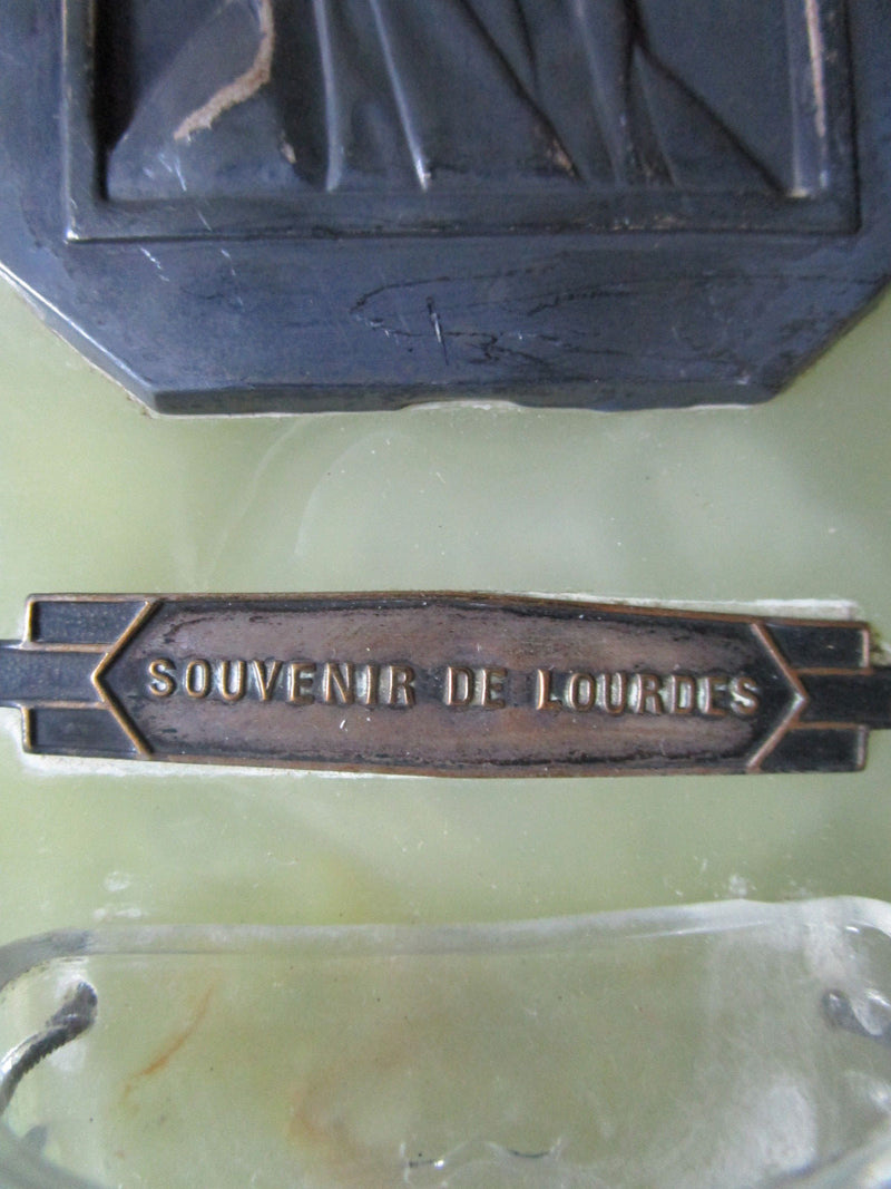 HOLY WATER FONT MARBLE GLASS AND BRASS FRENCH FROM LOURDES 7"
