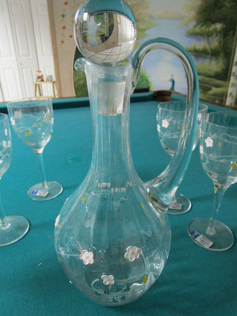 CRYSTAL DECANTER AND 6 GLASSES EUROPEAN MADE IN ROMANIA APPLIED FLOWERS