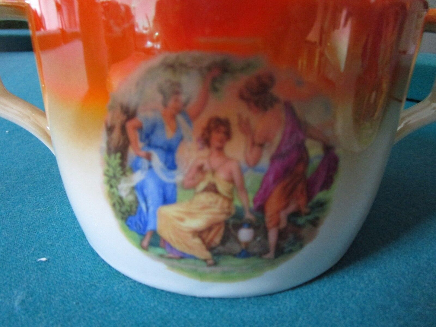 ZSOLNAY HUNGARY COFFEE SET ORANGE LUSTER DANCING MAIDENS STENCILED 1940s UNIQUE