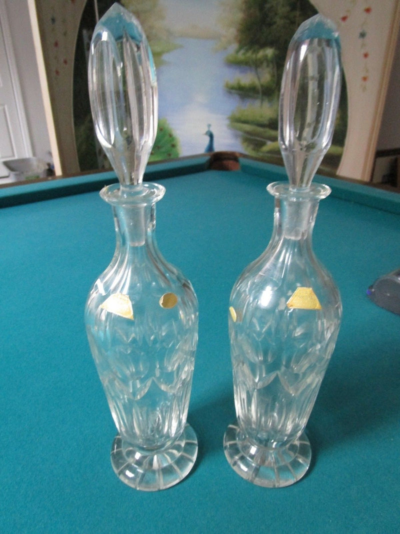 Glass Decanter Pair - Mid Century W. Germany Clear With Stopper Labels [Gl5]