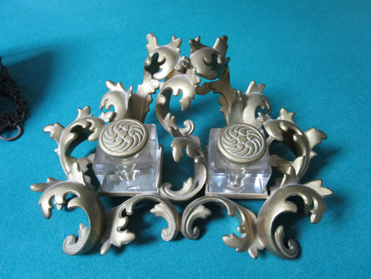Inkwell Mid Century Metal Guilt Rococo 4 X 10 1/2" Glass Inserts Original