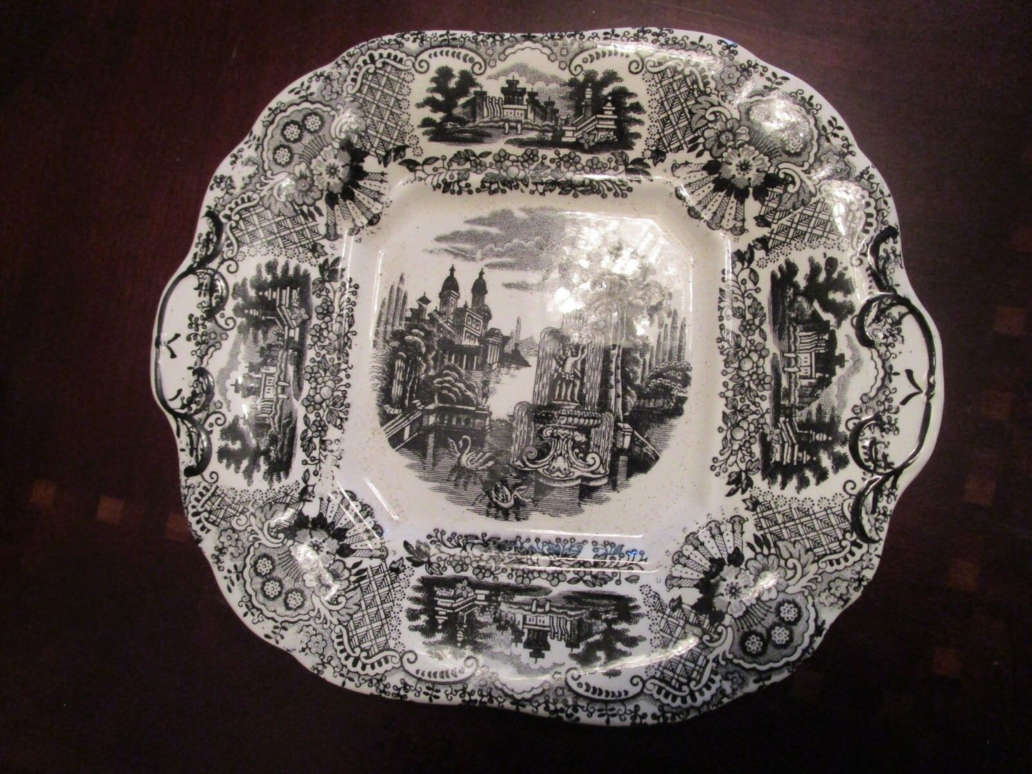 ANTIQUE 1800s PICKMAN LA CARTUJA POTTERY VISTAS SPAIN BLACK TRANSFERWARE TRAY