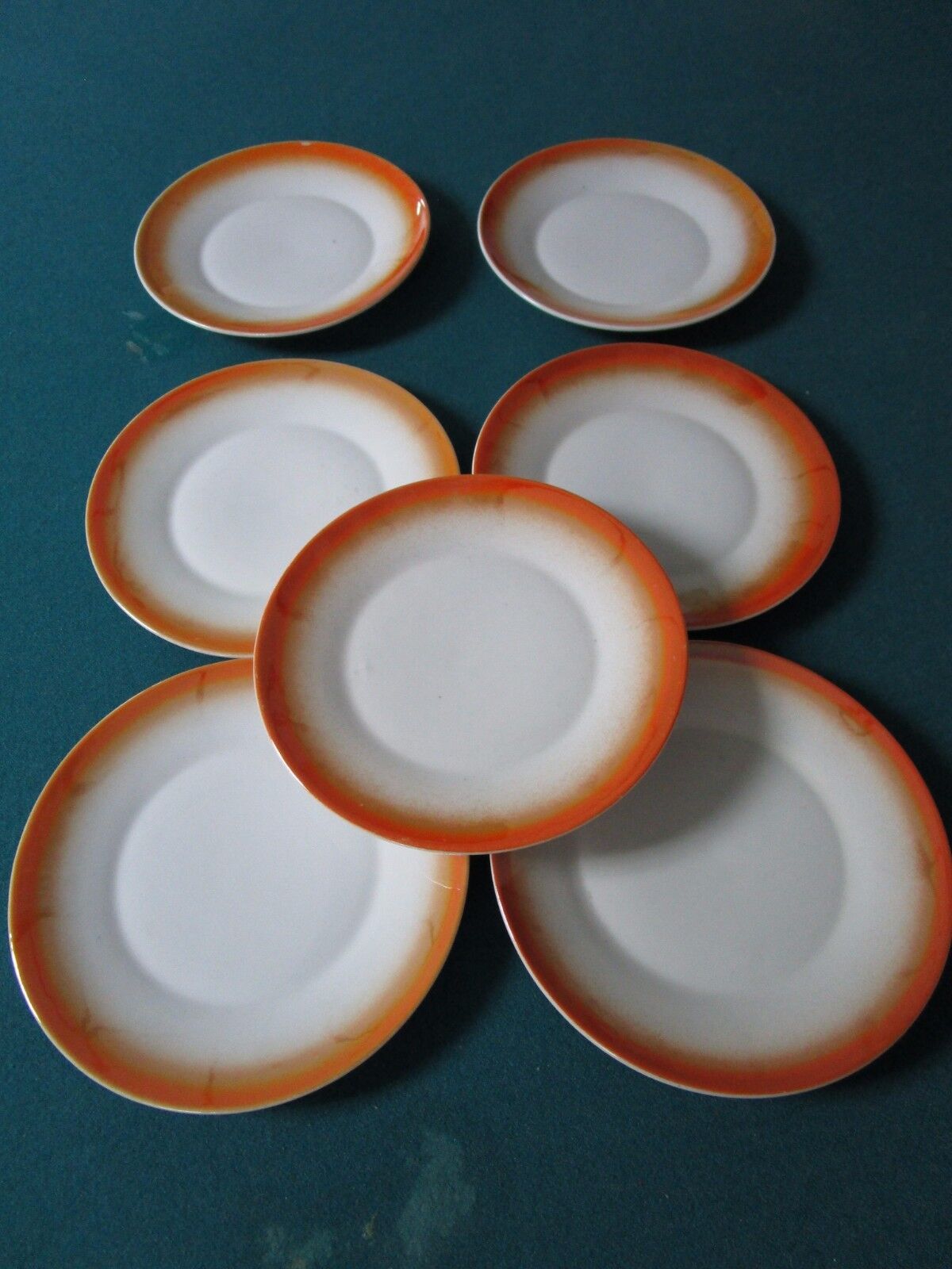 ZSOLNAY HUNGARY 7 DESSERT/CAKE PLATES ORANGE LUSTERWARE 1940s, 6 " RARE