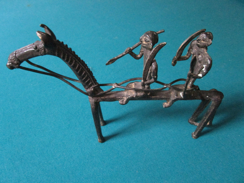 IRON HORSE WITH TWO WARRIORS METAL SCULPTURE  7 1/2 X 11" ORIGINAL
