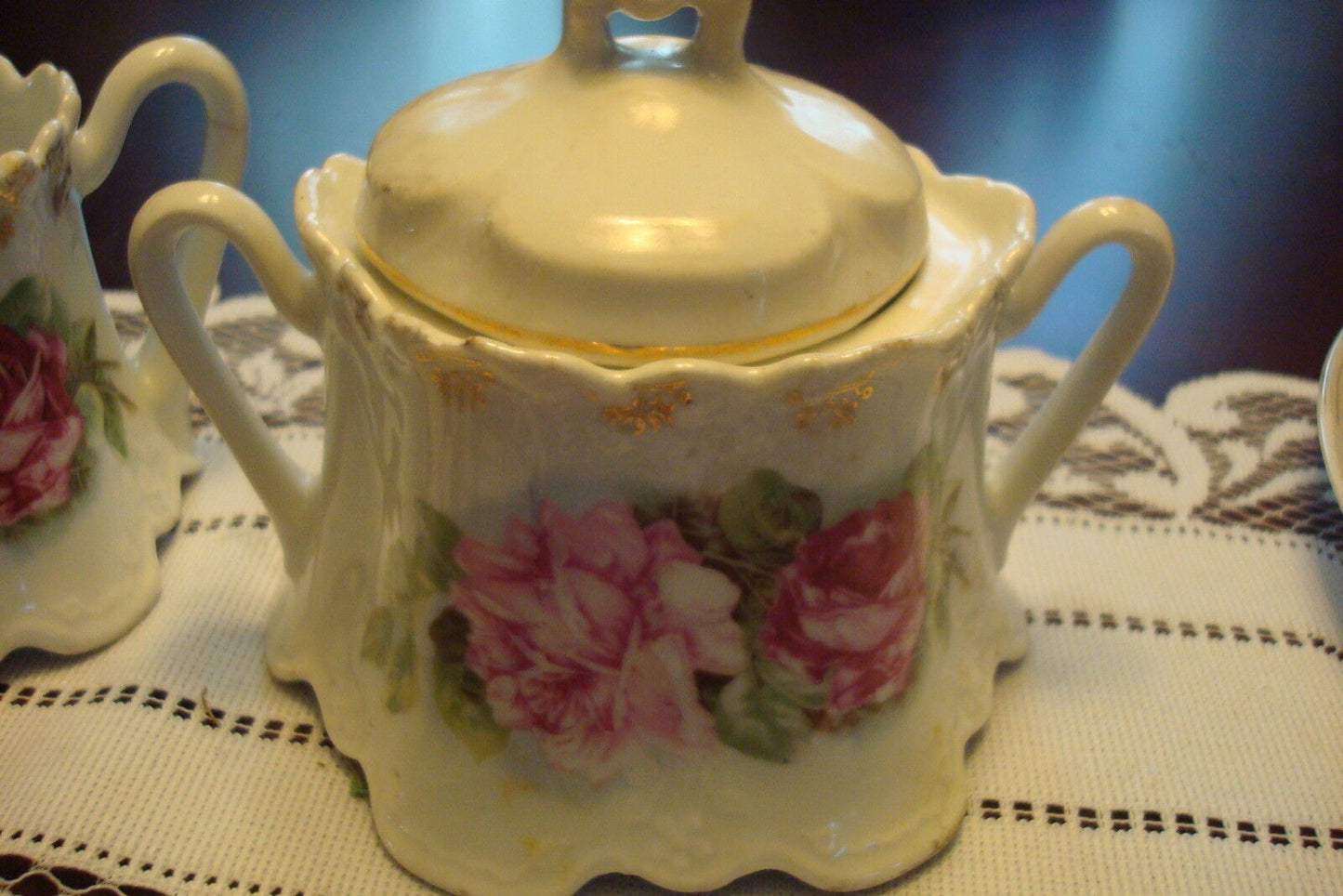 Unmarked german tea set two pieces, covered sugar and creamer, possibly RS Pruss