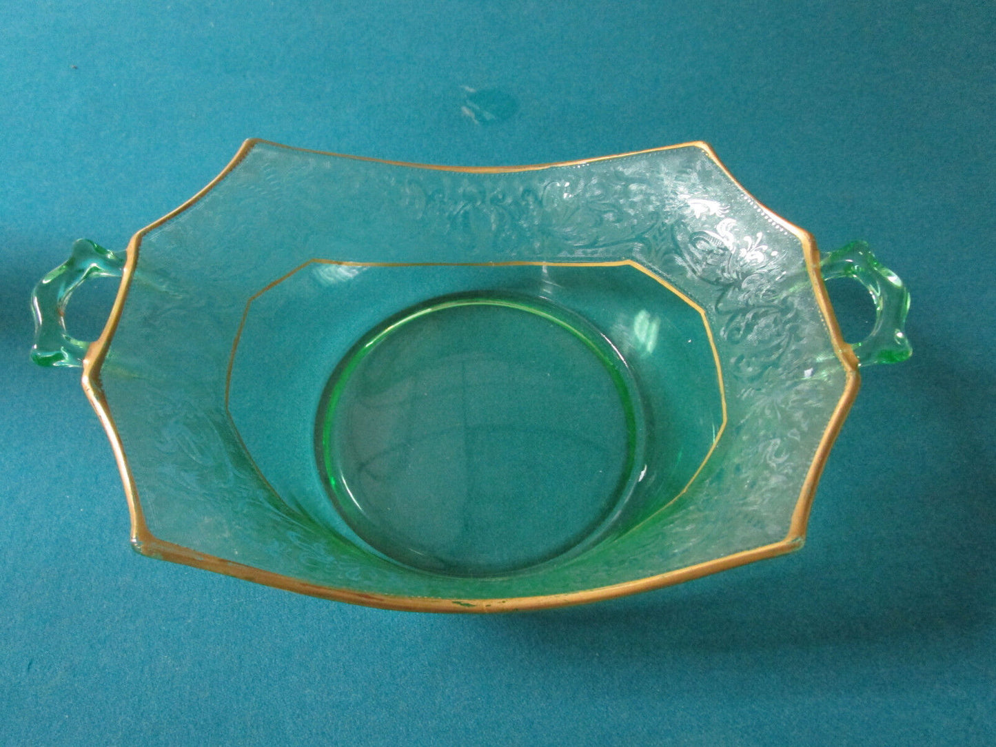 VICTORIAN GREEN GLASS ETCHED  depression  BASKET BOWL GOLD RIM 4 X 8 X 12"