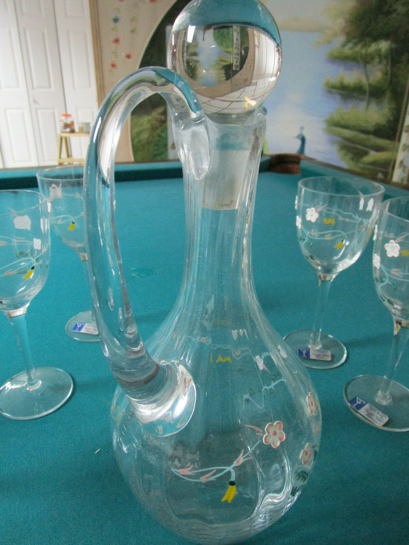 CRYSTAL DECANTER AND 6 GLASSES EUROPEAN MADE IN ROMANIA APPLIED FLOWERS