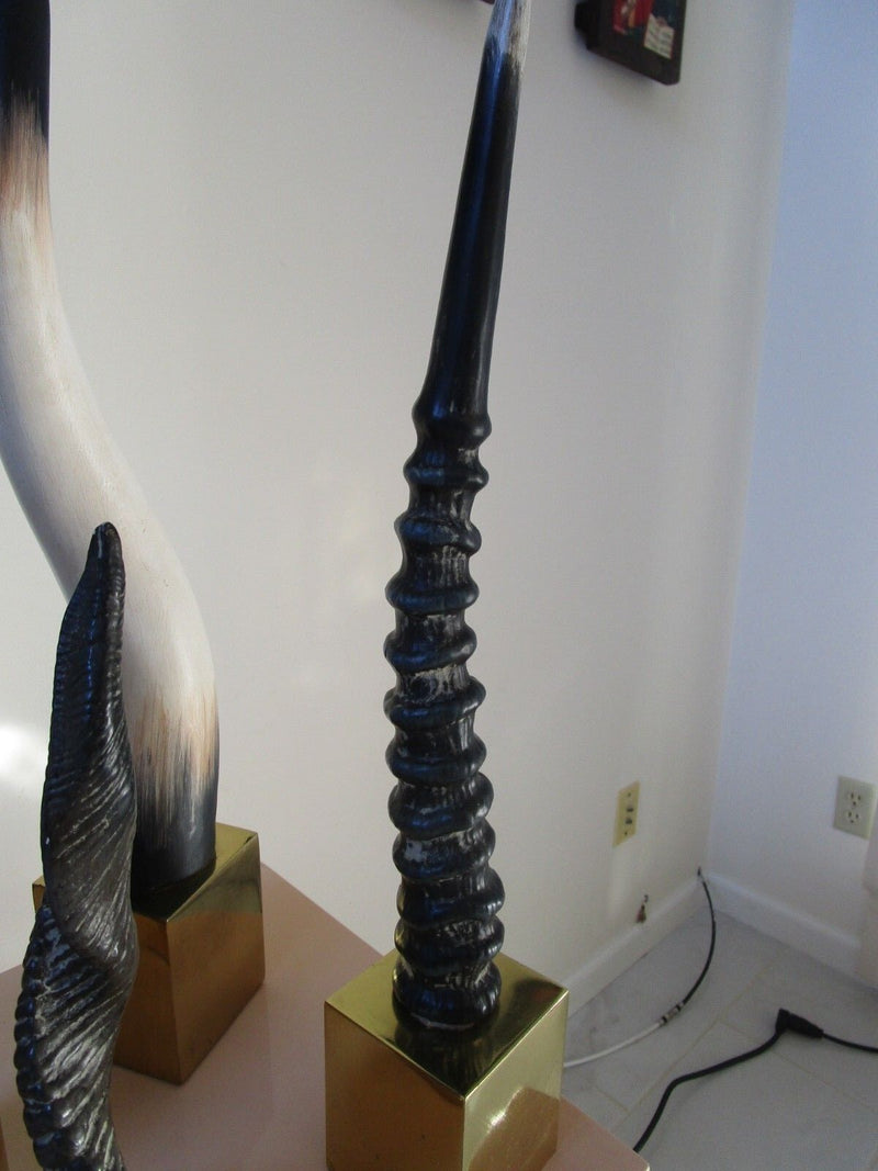 SET OF CERAMIC DECORATIVE HORNS WITH BRASS BASE 24" TO 14" TALL rare