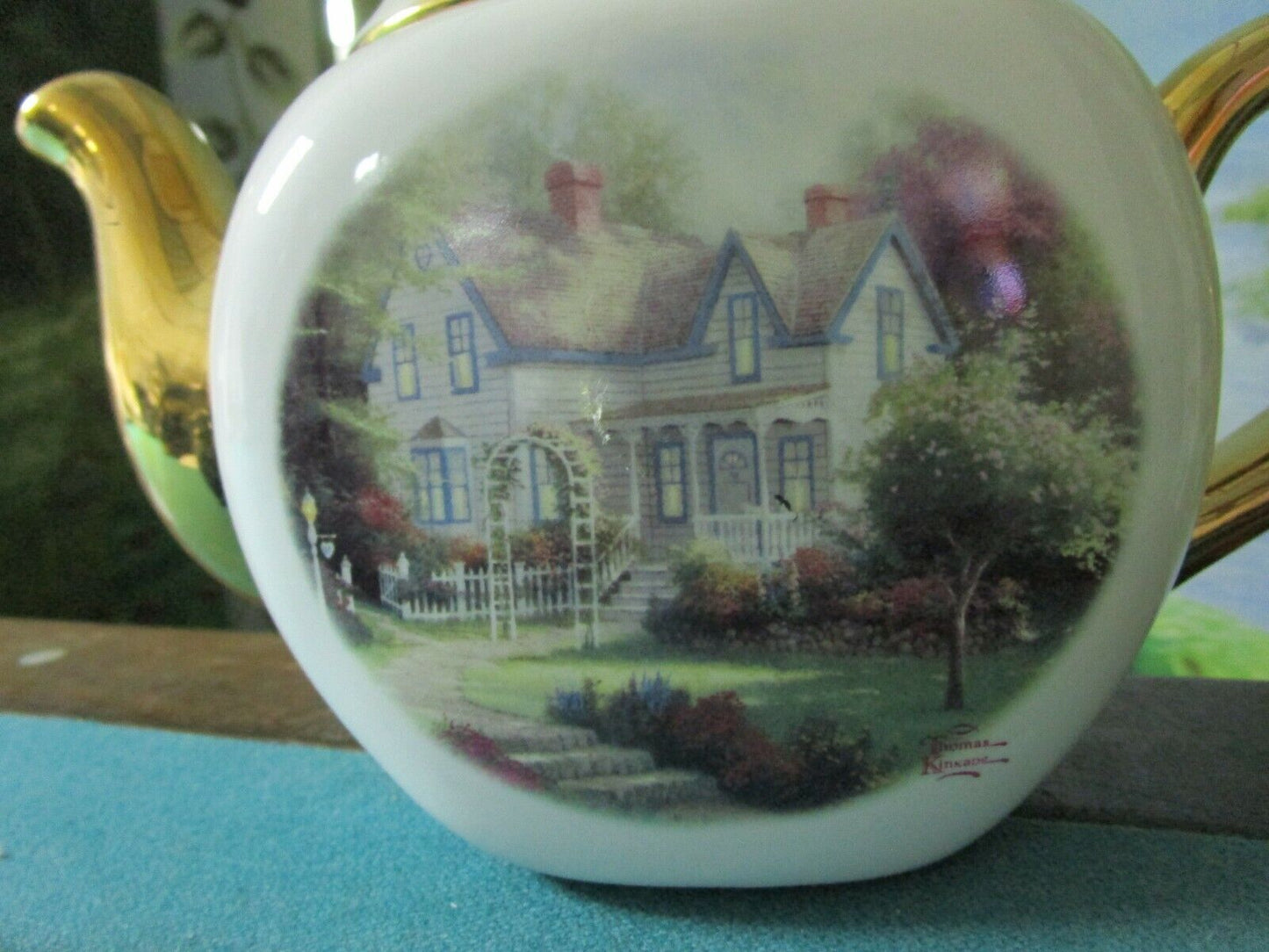 Thomas Kinkade teapot "Home is where the Heart is", signed IN  PLATE TELEFLORA