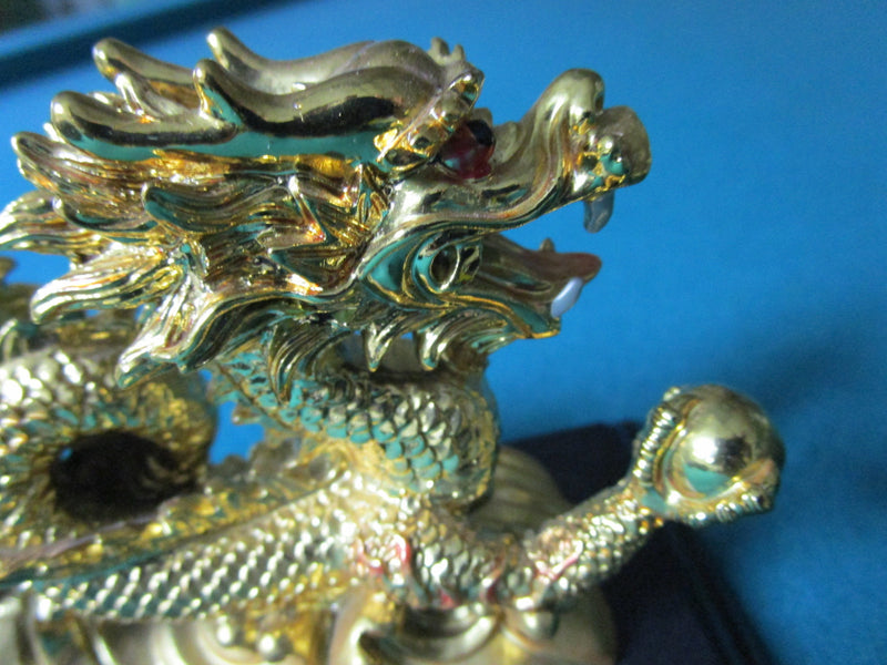 Chinese Modern Golden Dragon With Ball Metal Paperweight 6 1/2"