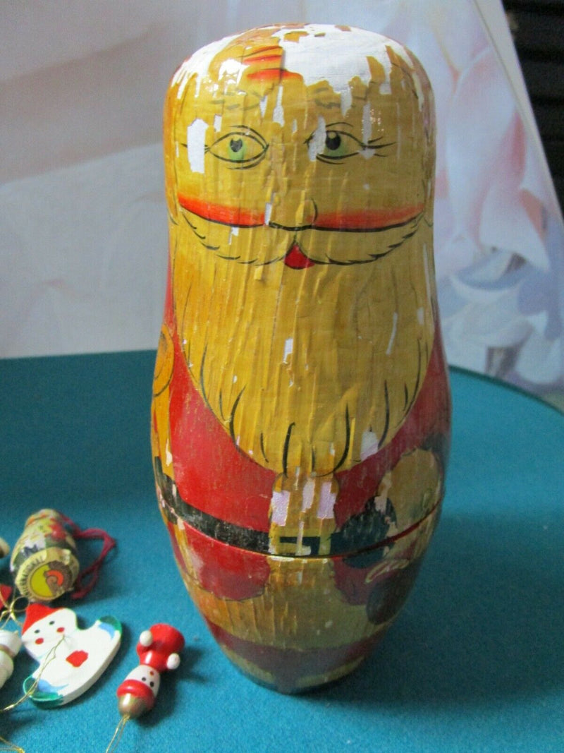 Wildwood Wooden Christmas Ornament Santa Box And 28 Mini Ornaments 7" ^^